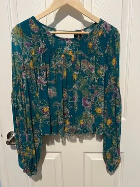 Free People Teal Floral Smocked Peasant Blouse